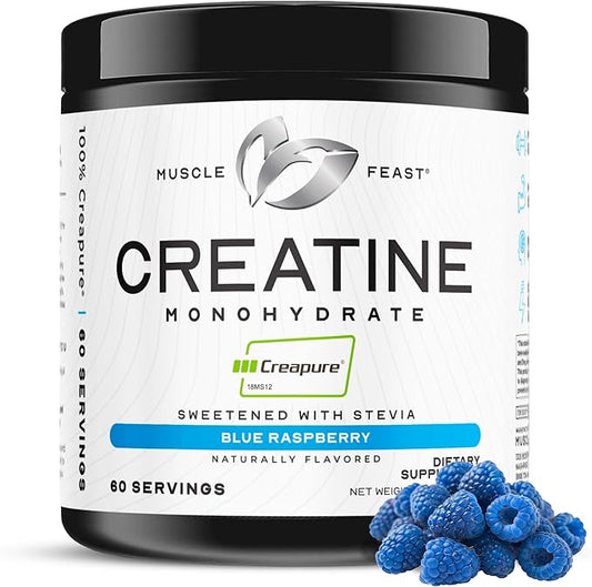 Muscle Feast Creapure Creatine Monohydrate Powder, Vegan Keto Friendly Gluten-Free, Muscle Recovery Supplement and Trusted Creatine for Muscle Growth, Flavored Creatine, Natural Blue Raspberry, 300g