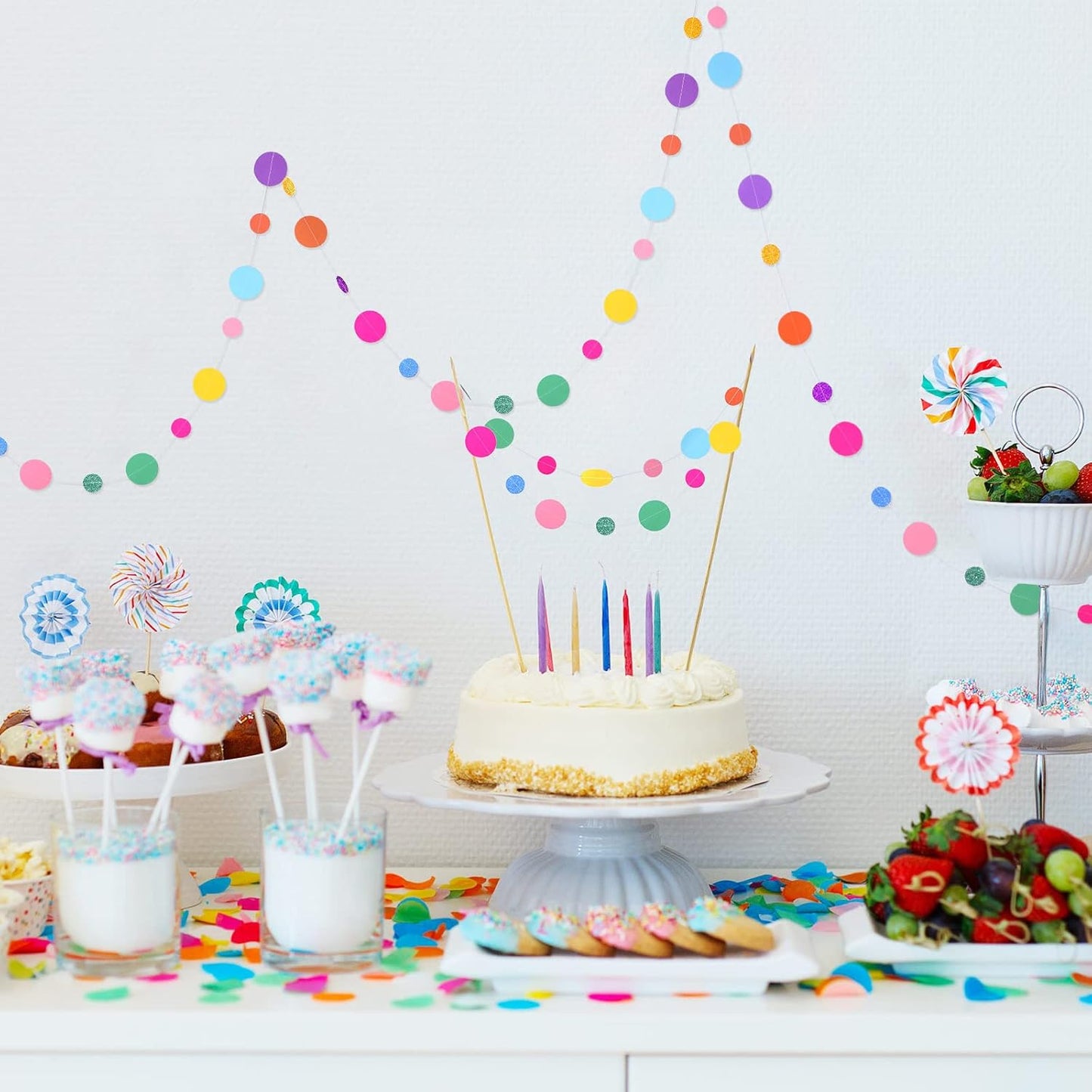 Outus 20 Pieces Colorful Dots Paper Garland Round Glitter Garland Hanging Confetti Streamers Backdrop for Candy Birthday Classroom Halloween Trunk or Treat Car Decoration (Rainbow)