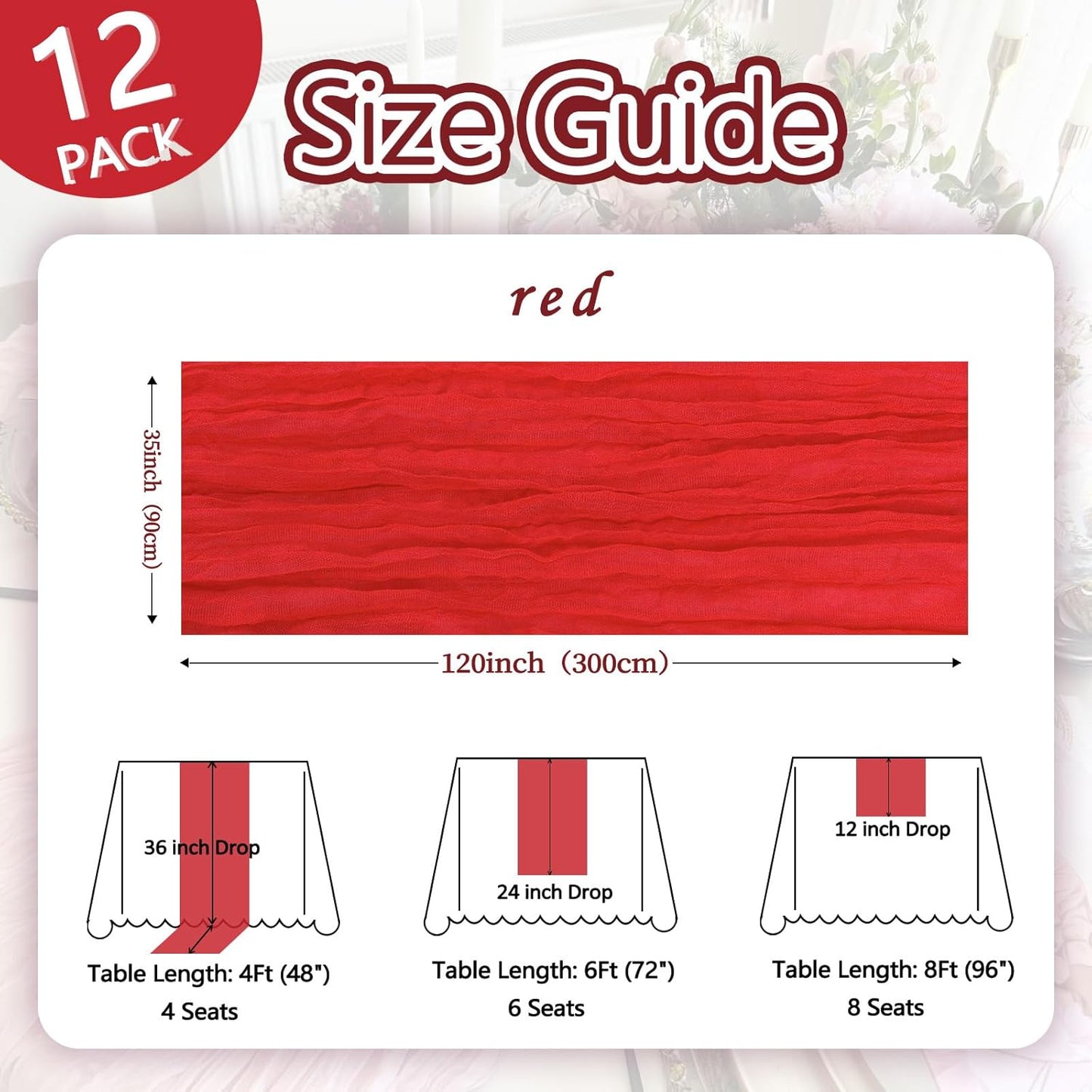 12 Pack Red Cheesecloth Christmas Table Runner 10ft Boho Gauze Fabric Cheese Cloth Table Runner 35 x 120 Inch Rustic Sheer Runner for Wedding Home Decor Holiday Party Table Centerpiece Decoration