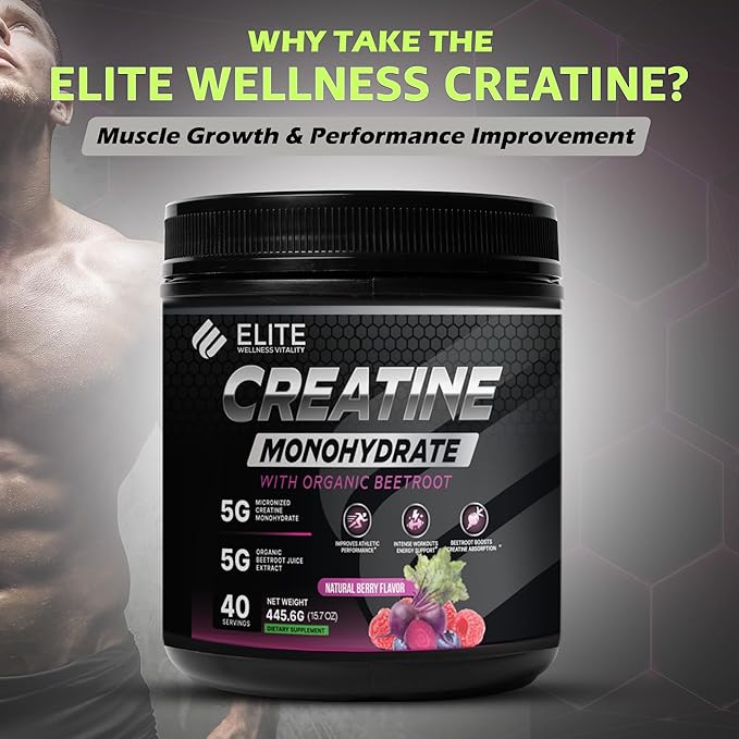 Elite Wellness Berry Flavor Creatine Monohydrate with Organic Beetroot Supplement - Supports Muscle Strength, Stamina, Cognitive Function & Athletic Performance, Gluten & Dairy Free, NSF Qualified