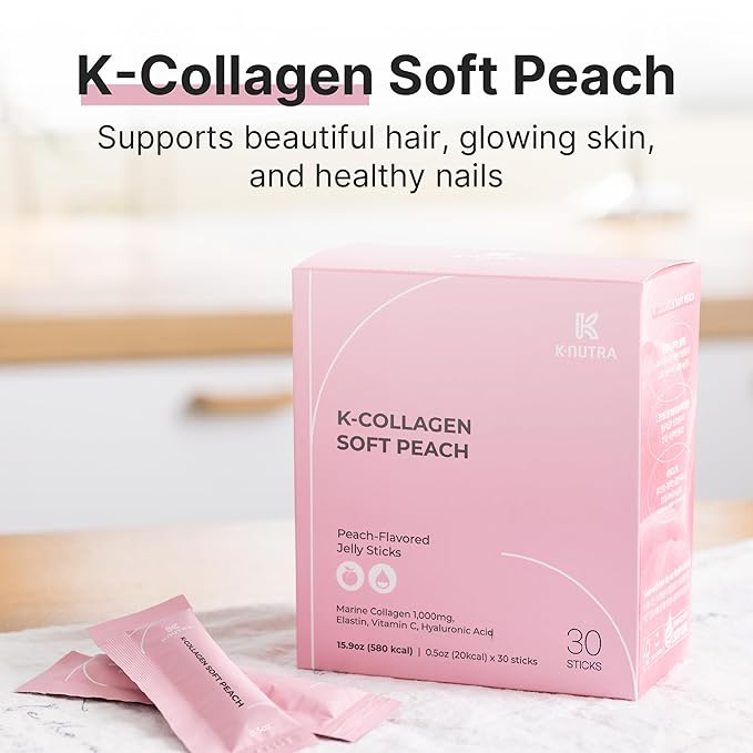 K-Nutra K-Collagen Soft Peach (15.9oz, 30 Sticks) - Holiday Gifts - Skin, Hair, Nail Health, Tasty Jelly, Fast Absorption. Low-Molecular Marine Collagen, Vitamin C