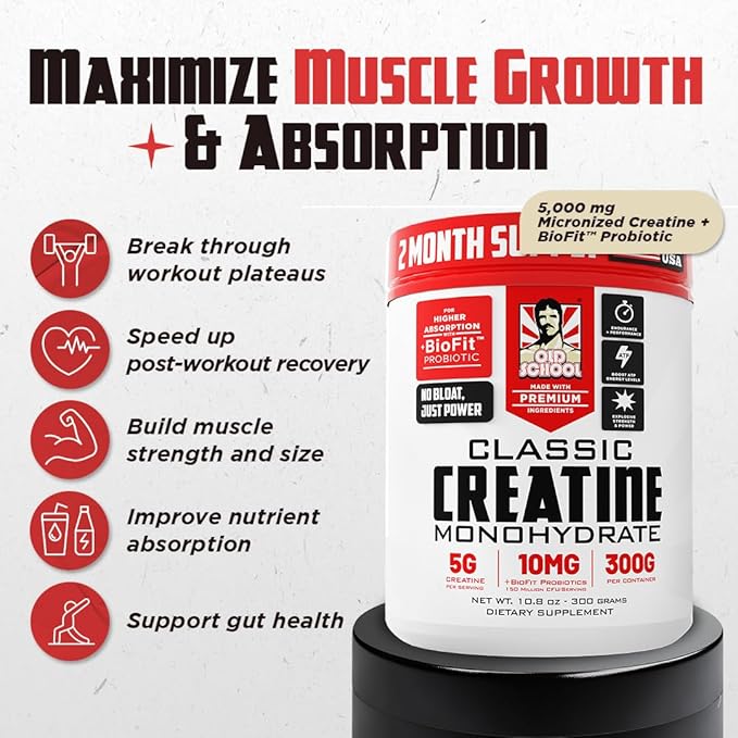 Old School Labs 5000mg Creatine Monohydrate Micronized Powder with BioFit™ (Max Absorption), Performance & Recovery, Strength, Endurance, Focus - Made in USA - Men & Women - 60 Servings