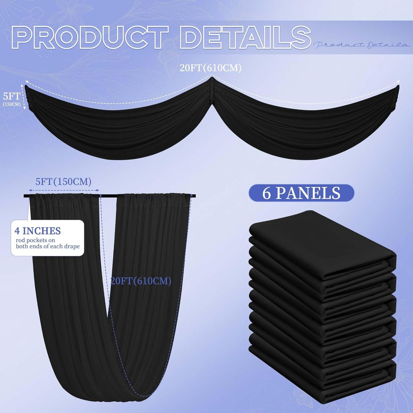 6 Panels Black Ceiling Drapes for Wedding 5ftx20ft Ceiling Drapes Wedding Arch Draping Fabric Cheesecloth Sheer Curtain Romantic Ceiling Decorations for Weddings Party Banquet Ceremony Stage