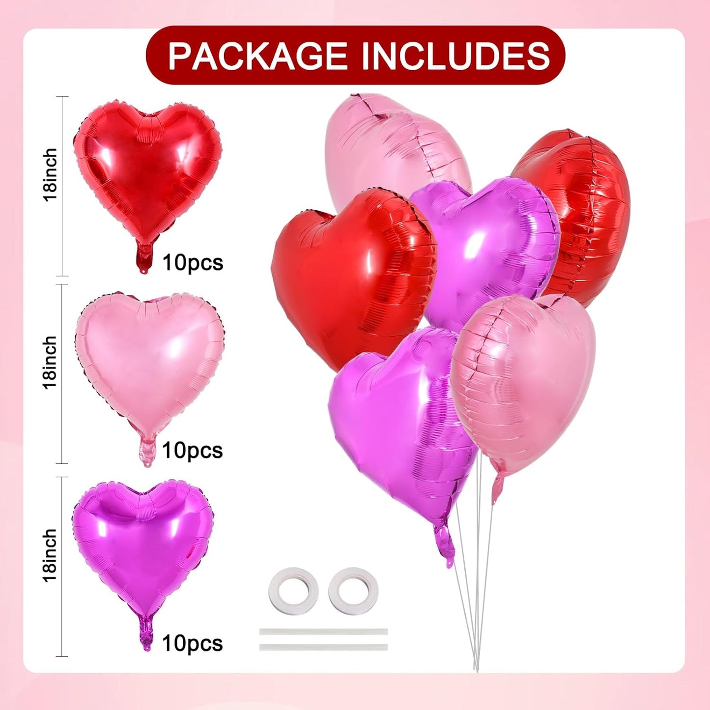 TONIFUL 30Pcs 18 Inch Heart Balloons Valentine’s Day Red Pink Hot Pink Heart Shape Foil Mylar Balloons Decoration for Valentine's Day Wedding Bridal Shower Anniversary Engagement Party Supplies