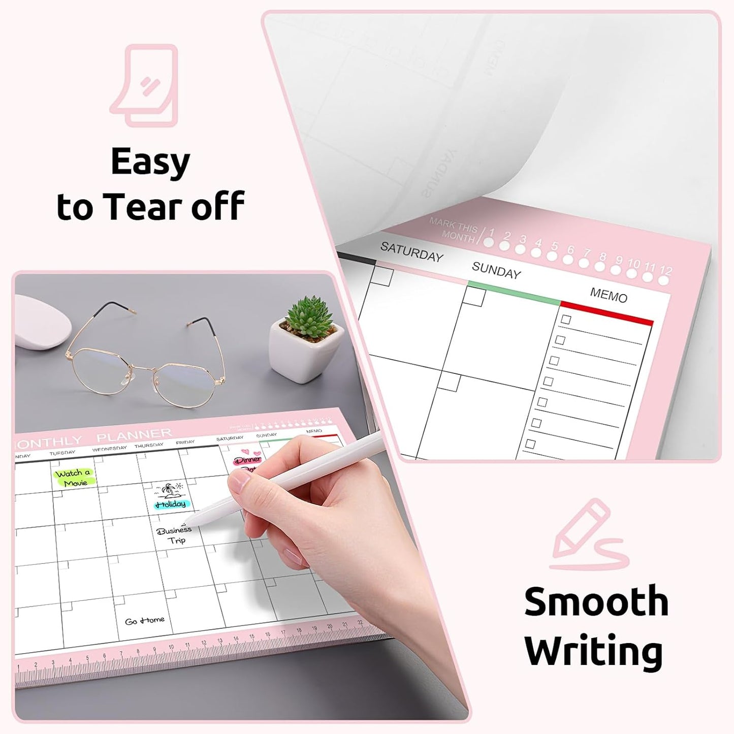 Phyxin Undated Planner, 54 Sheets Blank Calendar, 11.2" x 8.3" Monthly Calendar Planner, Tear Off Undated Monthly Planner with Memo for Women, Students, Teachers, Pink