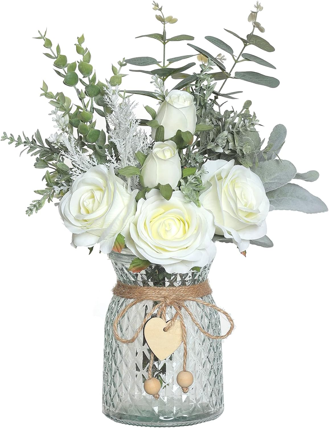 Faux Flowers with Vase,Artificial Silk Roses in Vase, Fake Plant Eucalyptus Flower Arrangement for Home Office Farmhouse Bathroom Dining Table Centerpiece Decorations Coffee Table Decor (White)