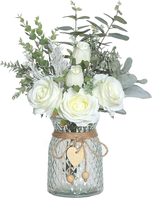 Faux Flowers with Vase,Artificial Silk Roses in Vase, Fake Plant Eucalyptus Flower Arrangement for Home Office Farmhouse Bathroom Dining Table Centerpiece Decorations Coffee Table Decor (White)