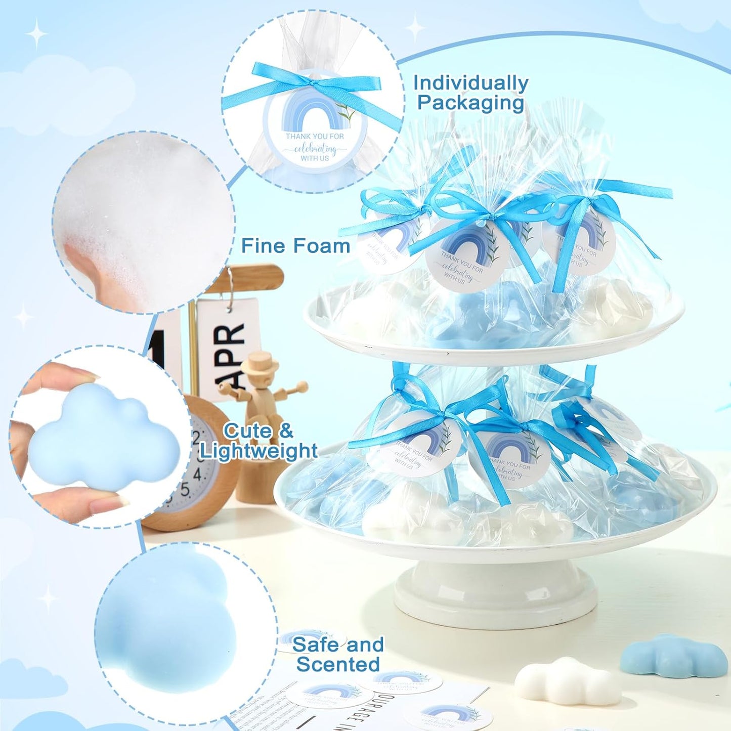Demissle 20 Pcs Cloud Baby Shower Soap Favors Mini Handmade Soap Gifts with Thank You Card for Guests Christmas Party Wedding Return Gifts Bridal Shower Decorations (White,Blue)