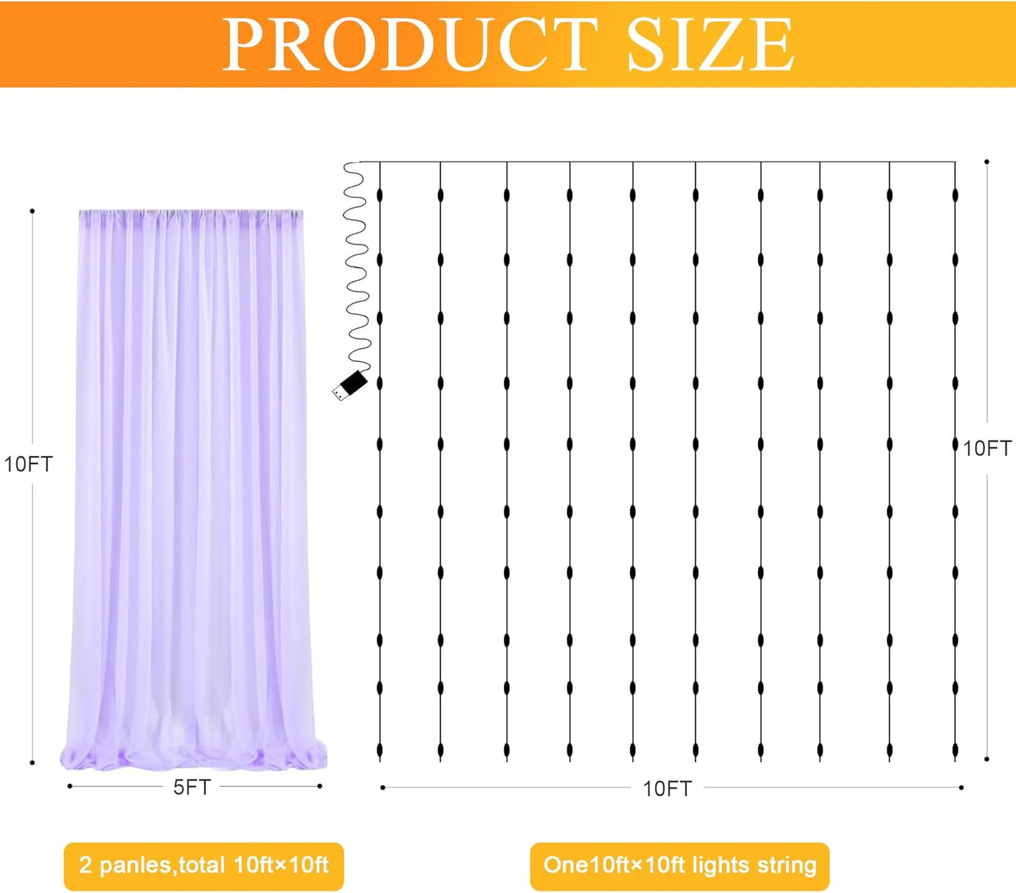 Fomcet Lavender Tulle Backdrop Curtains with Lights String 10FT X 10FT Sheer Curtain with Lights Tulle Curtains Backdrop for Wedding Birthday Party Photo Shoot (2 Panels 5x10FT)