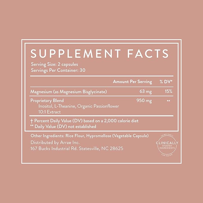 Arrae Calm Cortisol Manager - 60 Stress & Panic Relief Capsules - Mood Support Supplement w/L-Theanine, Inositol, Passionflower, & Magnesium to Help You Feel Zen