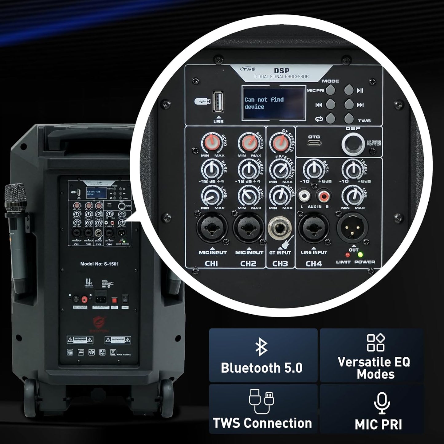 EXOTON S-1501 15 Inch Portable Rechargeable PA Speaker - 1600W, Bluetooth, TWS, USB/RCA, 2 UHF Mics, Remote, 7-Color Lights, DSP with 4 Scene Presets, 5-Band EQ