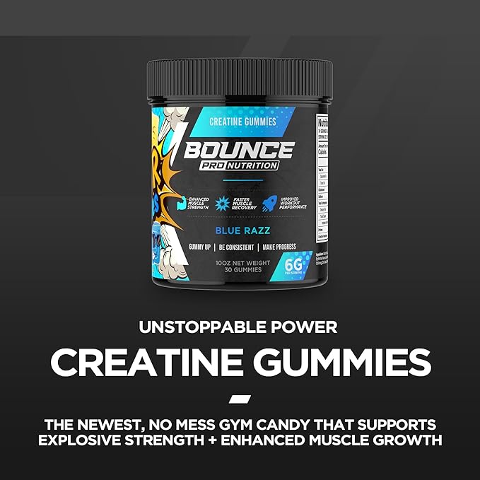 Bounce Pro Creatine Monohydrate Gummies for Men & Women, Low Calorie, 6G of Creatine per Serving, Vegan, Anti-Melting, Gluten-Free, Non-GMO, 2g of Creatine per Gummy (51ct, Blue Razz)