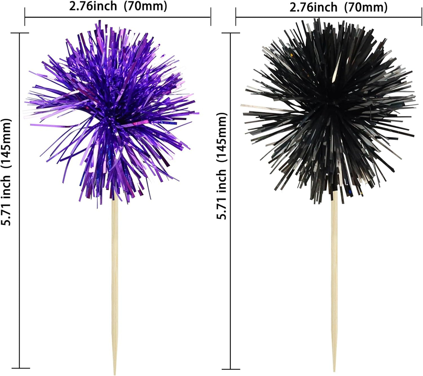 Gyufise 30Pcs Foil Firework Cupcake Toppers Sparkle Tinsel Cake Toppers Tinsel Drink Cake Decoration Cocktail Picks for Birthday Wedding Graduation Party Supplies Black Purple