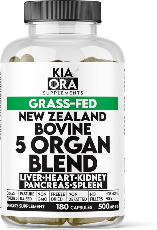 Grass Fed Bovine 5 Organ Complex – Liver, Heart, Kidney, Spleen & Pancreas – Freeze-Dried Glandular Supplement for Energy, Detox & Immune Support – 180 Capsules