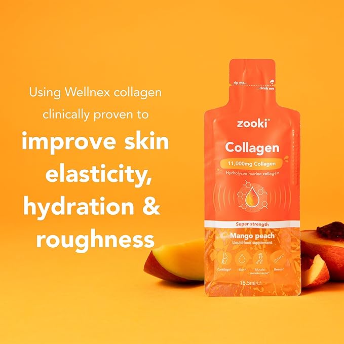Zooki Super Strength Marine Collagen Liquid Sachets 11,000mg – Great Taste, Sugar Free – Highest Strength Marine Collagen Supplements for Women & Men – Skin, Joints & Hair (Mango Peach, 14 Servings)