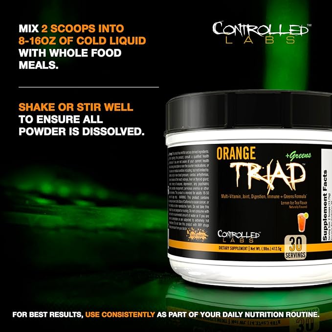 CONTROLLED LABS Orange Triad Plus Greens for Men and Women, 30 Servings Iron Free Sports Supplement for Overall Health, Multivitamin, Digestion, Immune System, and Joint Health