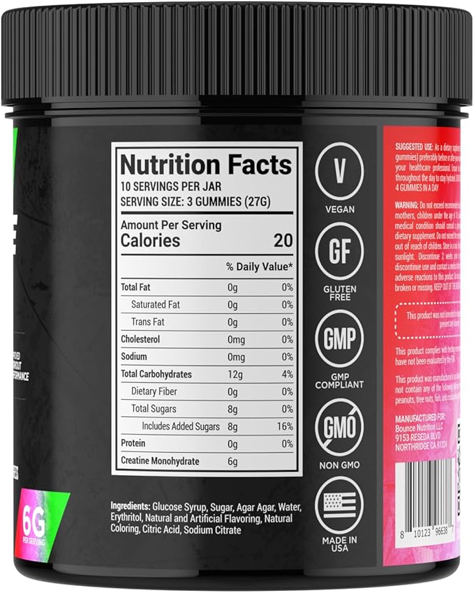 Bounce Pro Creatine Monohydrate Gummies for Men & Women, Low Calorie, 6G of Creatine per Serving, Vegan, Anti-Melting, Gluten-Free, Non-GMO, 2g of Creatine per Gummy (30ct, Watermelon)