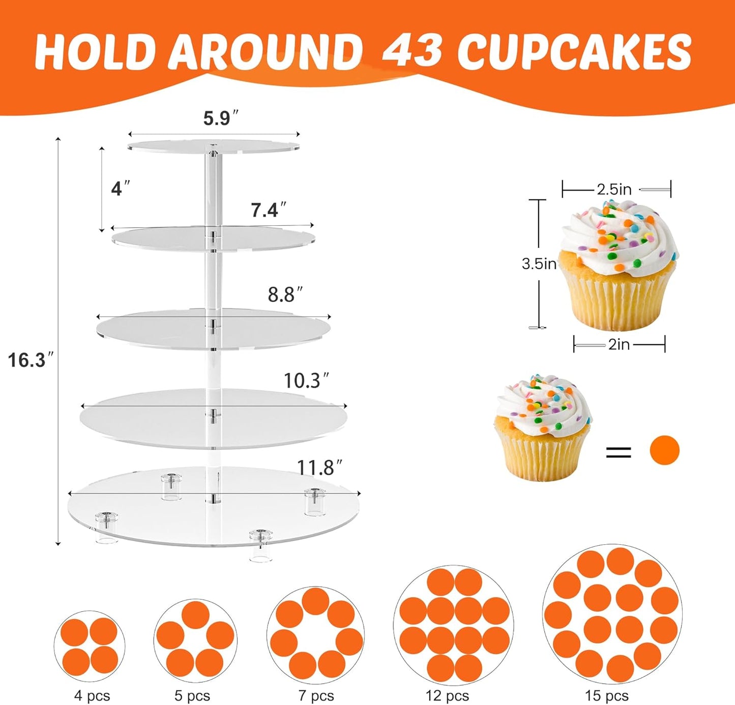 Cupcake Stand for 50 Cupcakes, 5 Tier Cupcake Holder, Clear Round Cupcake Tower, Acrylic Cupcake Stand, Cupcake Display Stand for Party, Wedding, Birthday, Baby Shower, Halloween