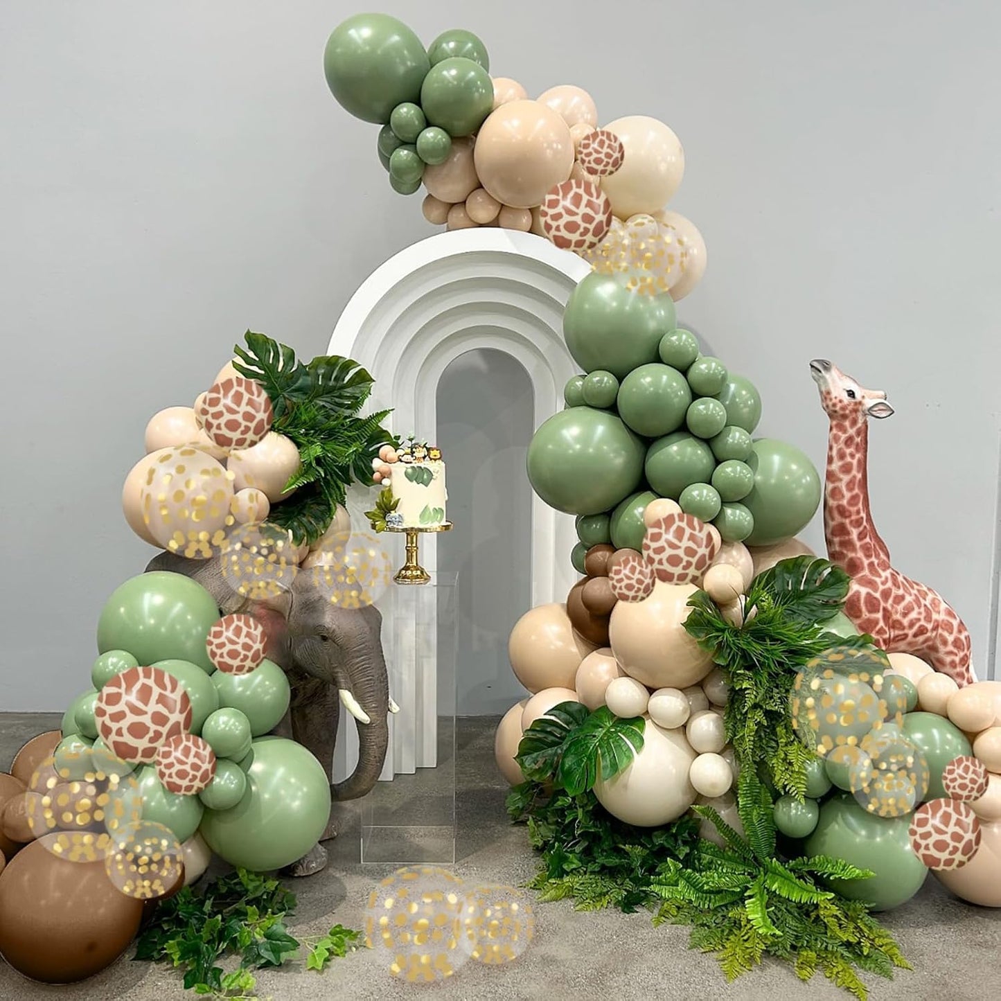 Green and Brown Balloons, 12 Inchs Sage Green Deer Print Gold Confetti Balloons for Kids Woodland Baby Shower Decorations Safari Jungle Dinosaur Theme Birthday Party Wedding Grauation Supplies