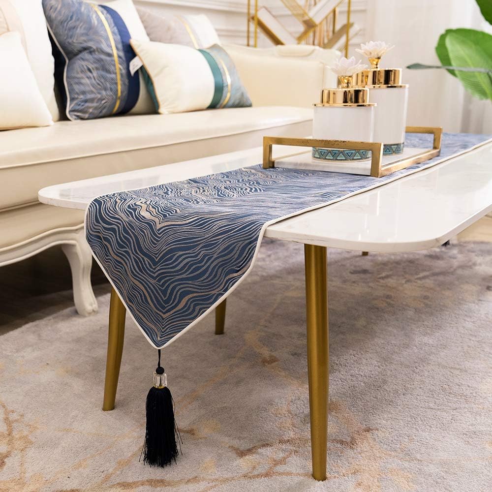 Avigers 12 x 108 Inch Decorative Luxury Abstract Striped Navy Blue Table Runners with Tassels for Home Living Room Bedroom Art Decor Wedding