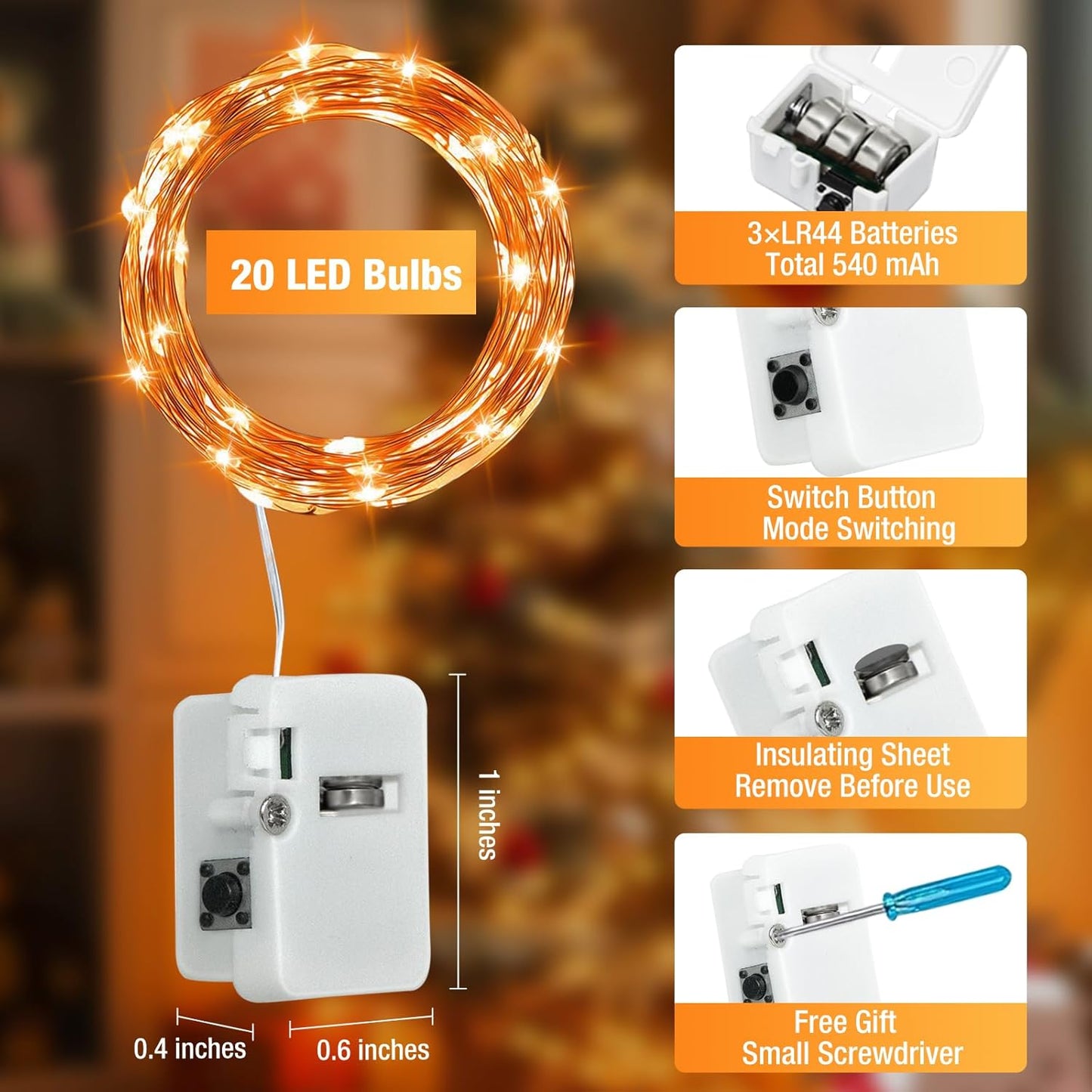 12 Pack Fairy Lights Battery Operated - 7ft 20 Led Twinkle Lights 3 Modes, Bulk Mini String Lights Waterproof for Mason Jars Vases DIY Party Wedding Decoration Christmas -Orange