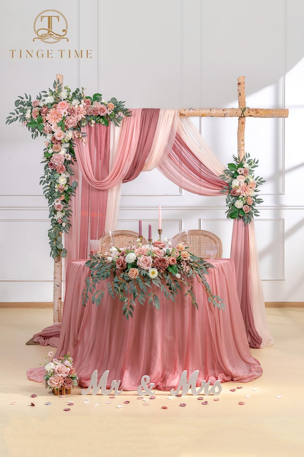 TINGE TIME Artificial Sweetheart Flower Swag with Tablecloth and Table Runner, Pack of 3 Floral Arrangement for Wedding Sweetheart Table Centerpiece Decoration Valentine's Day (DustyRose&Cream)