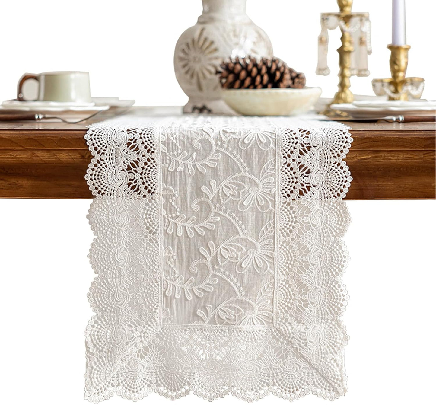 White Elegant Vintage Lace Table Runner,Wedding Lace Decor with Floral Embroidery,Tea Party Decor (White, 13.8X63 Inches)