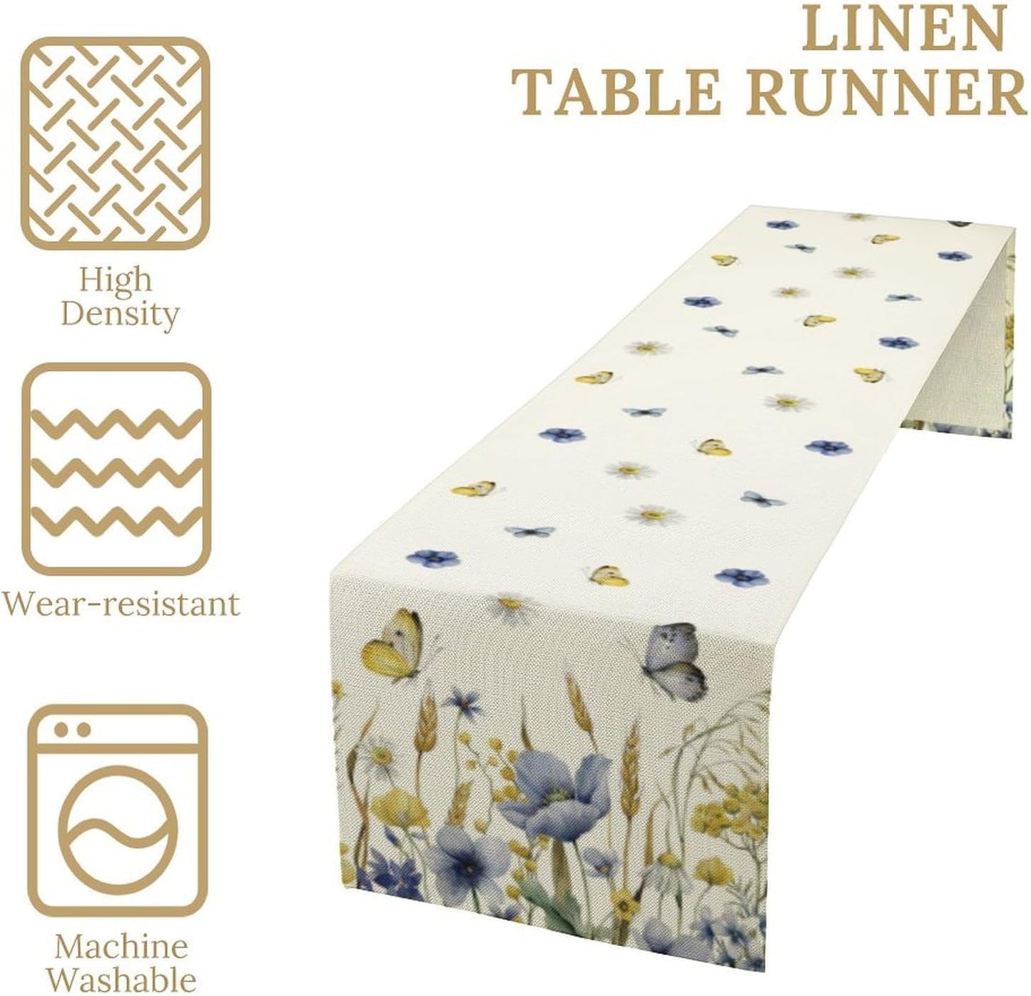 Floral Table Runner, Spring Watercolor Flower Plants Nature Butterfly Table Runner for Kitchen Dinner Living Room Home Party, 13x108 Inch