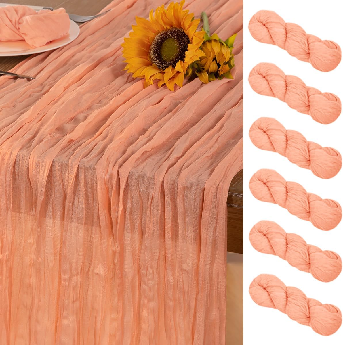 Peach Cheesecloth Table Runner 6 Pack Fall Table Runners Boho Gauze 120 Inches Cheese Cloth Fall Table Decorations for Sweet Little Peach Baby Shower Decor Wedding Bridal Thanksgiving Party