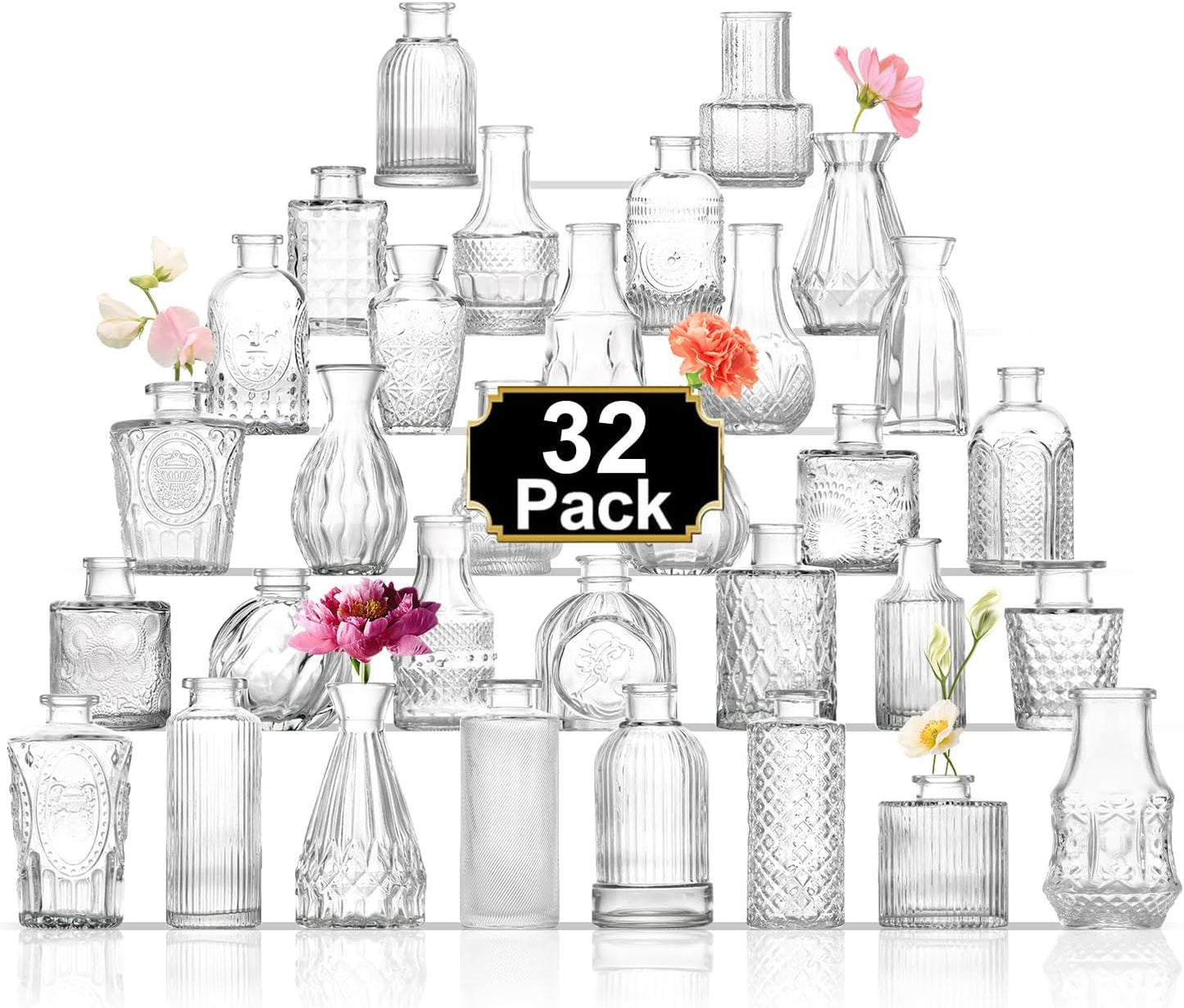 Bud Vases in Bulk 32, Clear Glass Bud Vases for Centerpieces, Small Vases for Flowers, Mini Vintage Flower Vase for Centerpieces, Wedding Table Decor, Home Decor