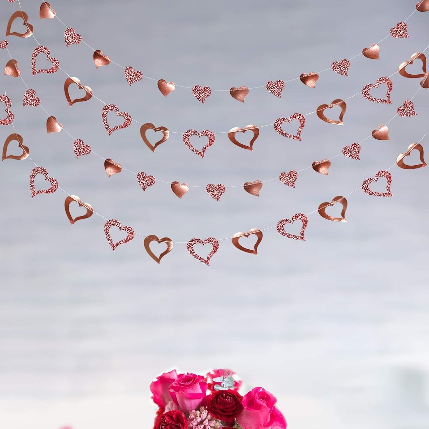 Cheerland Rose Gold Heart Garland Glitter Valentine Day Mothers Day Wedding Engagement Anniversary Bridal Shower Baby Shower Bachelorette Party Decorations Backdrop Banner Hanging Decor