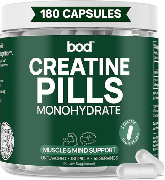 BOD Creatine Monohydrate Pills for Muscle Support, Vegan Pre or Post-Workout Creatine Capsules for Women and Men, 5g Micronized & Instantized, Creatina Monohidratada, 180 Capsules
