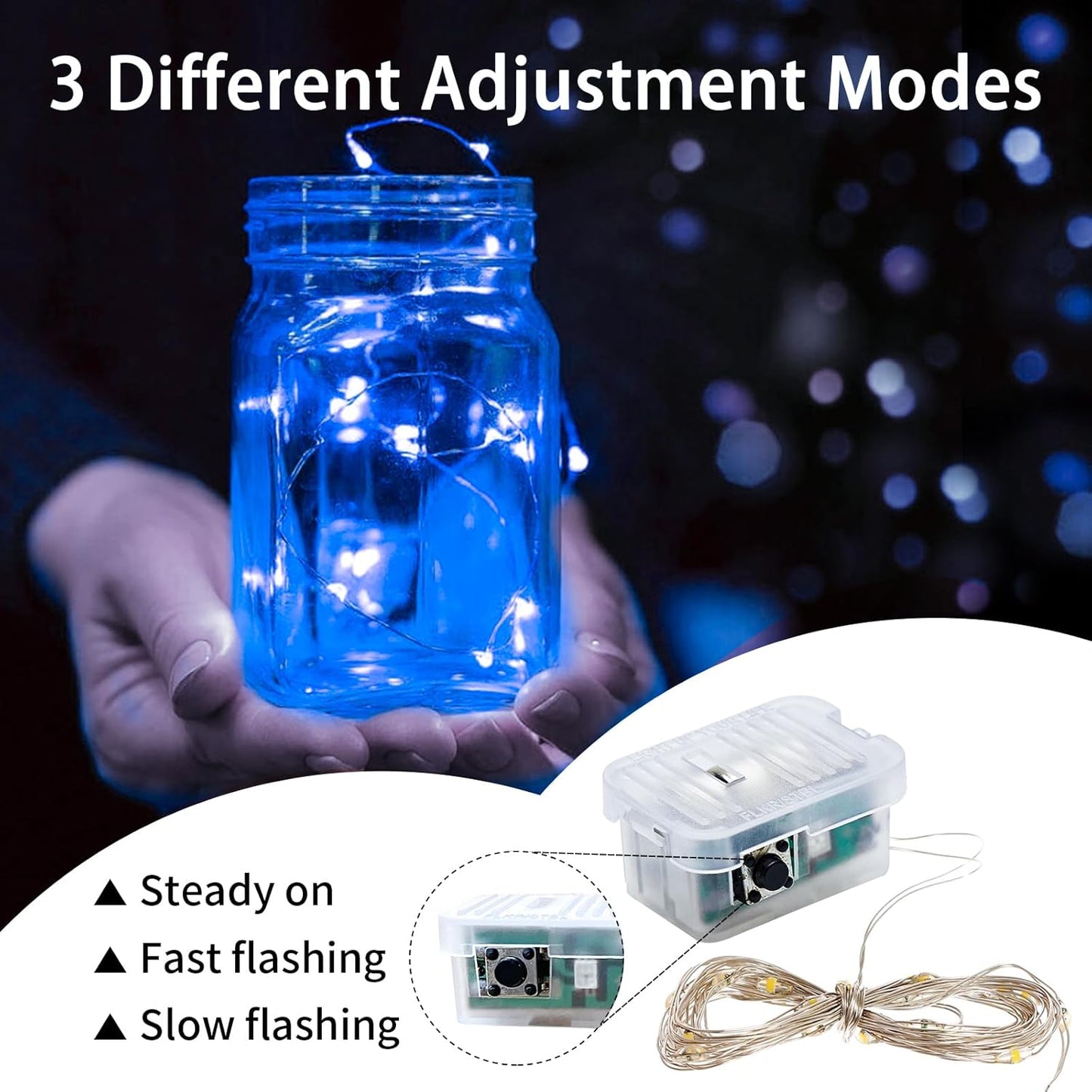 100 Pack Blue Fairy Lights 7Ft 20 LED Twinkle String Lights 3 Modes Battery Operated Waterproof Firefly Starry for Mason Jar Party Wedding Christmas Valentines Day Table Centerpieces