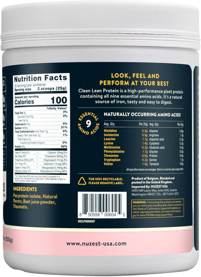 Nuzest - Pea Protein Powder - Clean Lean Protein, Premium Vegan Plant Based Protein Powder, Dairy Free, Gluten Free, GMO Free, Protein Shake (1.1 Pound (Pack of 1), Wild Strawberry)
