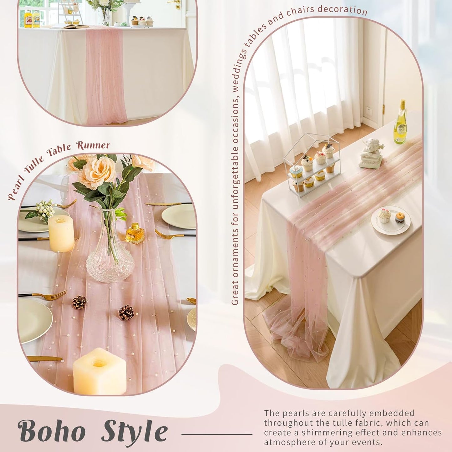 Set of 6 Pearl Table Runner 29 x 120 Inch Dusty Pink Tulle Fabric Lace Table Runners Boho Rustic Table Runners for Bridal Shower Birthday Party Wedding Arch Aisle Veil Dessert Table Decor(Dusty Pink)