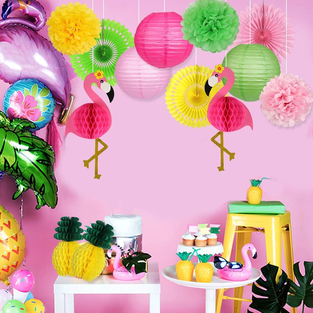 YUNXUAN Flamingo Party Supplies, Hawaiian Party Decorations Flamingo and Pineapple Honeycomb Ball Paper Lanterns Paper Fans Pom poms Flowers for Birthday Luau Tropical Bachelorette Party