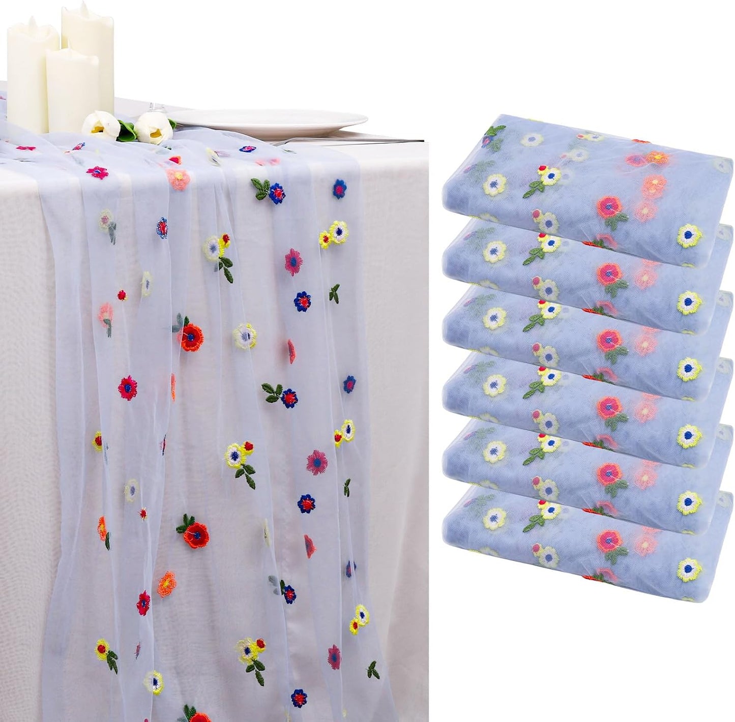 BINBE 6pcs Daisy Fall Table Runner Embroidery Gauze 10FT Florals Seasonal Tulle Holiday Birthday Kitchen Dining Table Decor for Home Party Blue
