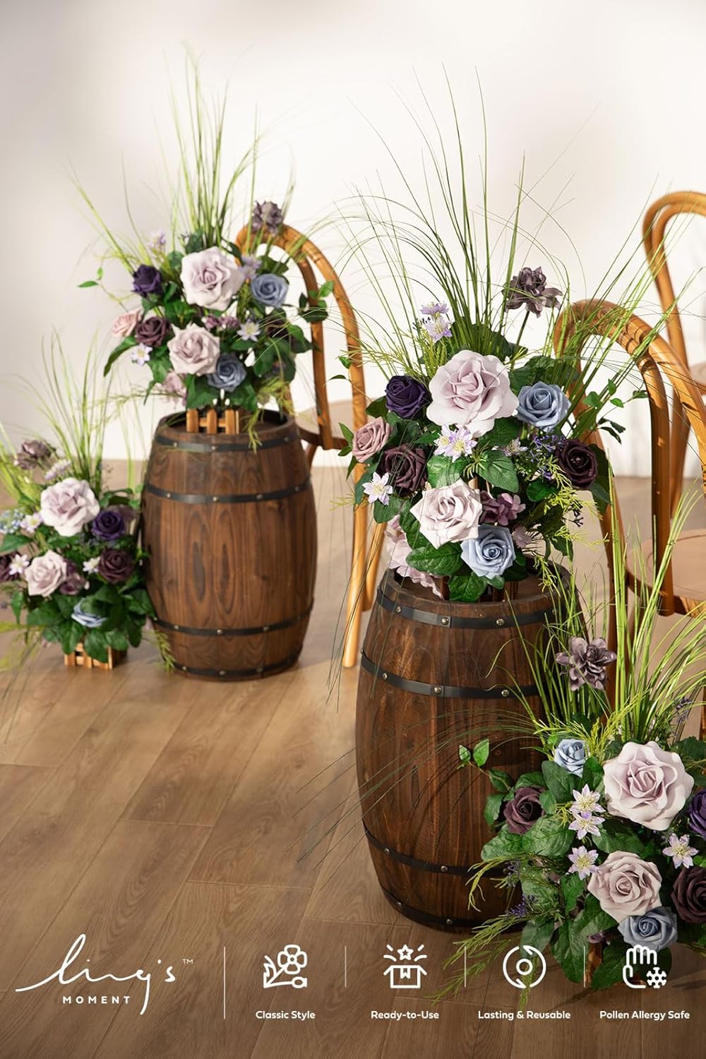 Ling's moment 17.5" Tall Standing Artificial Flowers Arrangements 4 pcs Wedding Aisle Runner Chair Decorations Provence Blue & Purple Centerpieces for Ceremony Reception Rose Floral Party Outdoor