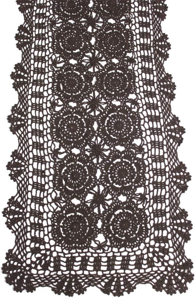 KEPSWET Cotton Handmade Crochet Lace Table Runner Dark Brown Rectangle Coffee Table Dresser Decor (14x72 inch)