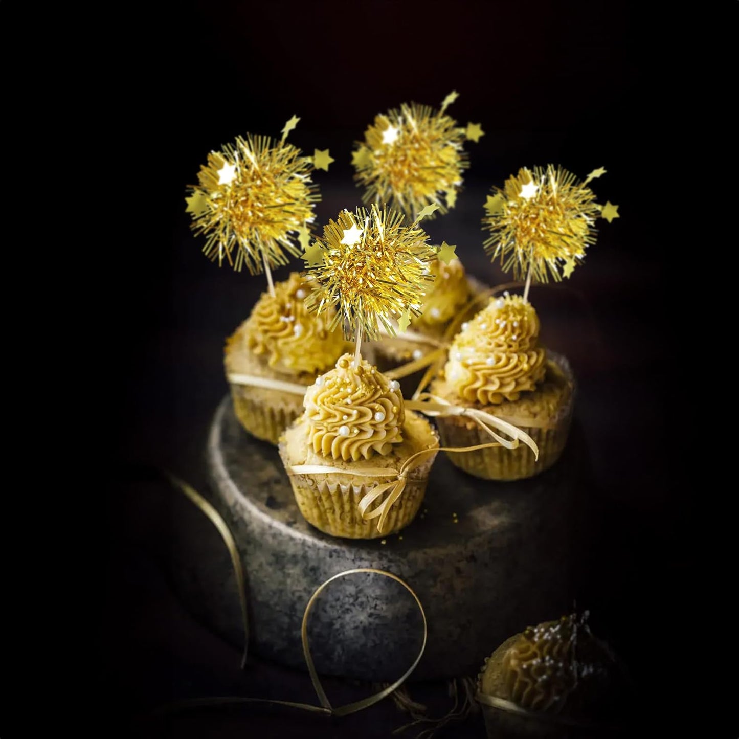 Ephlyn 30Pcs Foil Firework Cupcake Toppers Happy Birthday Cake Toppers Tinsel Flower Drink Stirrers Cocktail Food Fruit Toothpicks for Valentine's Day Party Decorations Gold