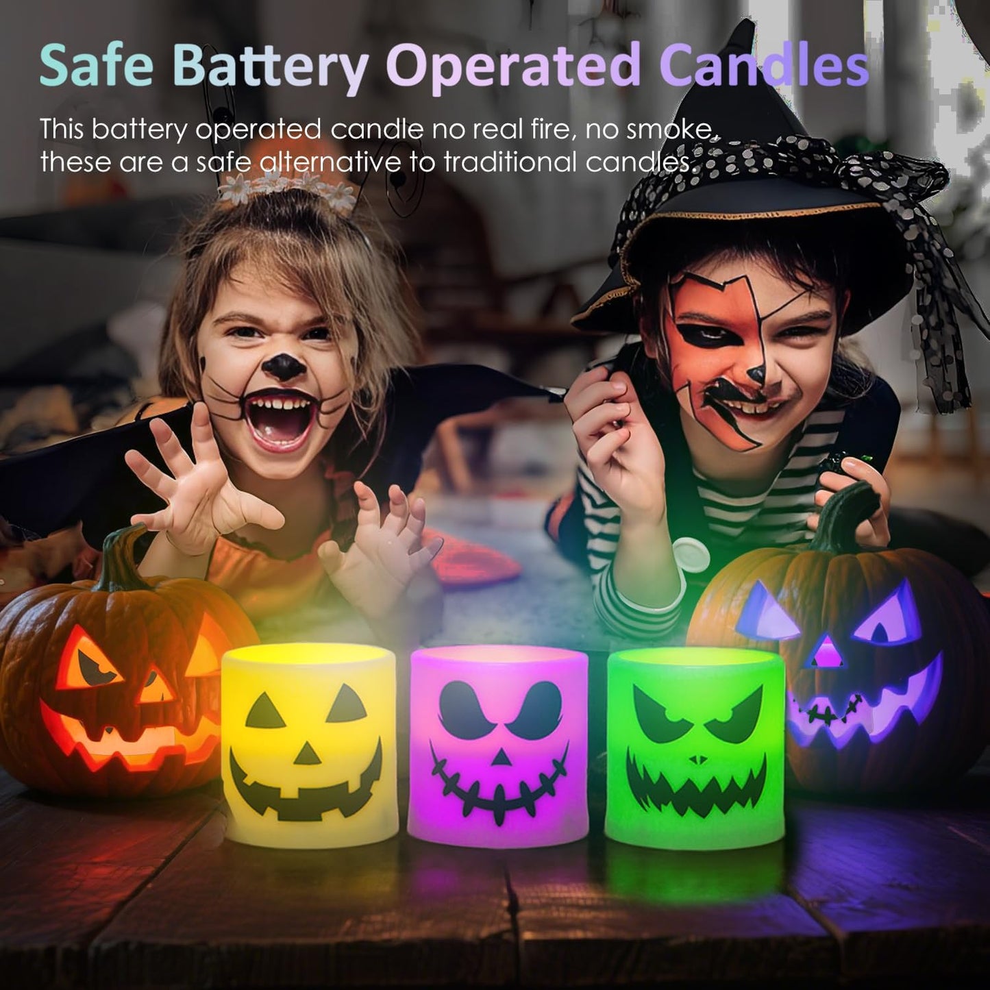 Halloween Flameless Candles - 3 Pack Colored Battery Operated Pumpkin Ghost Face Candles,LED Muti Color Grimace Night Light,Scary Halloween Decor,Fall Table Centerpieces, Spooky Home, Day of The Dead