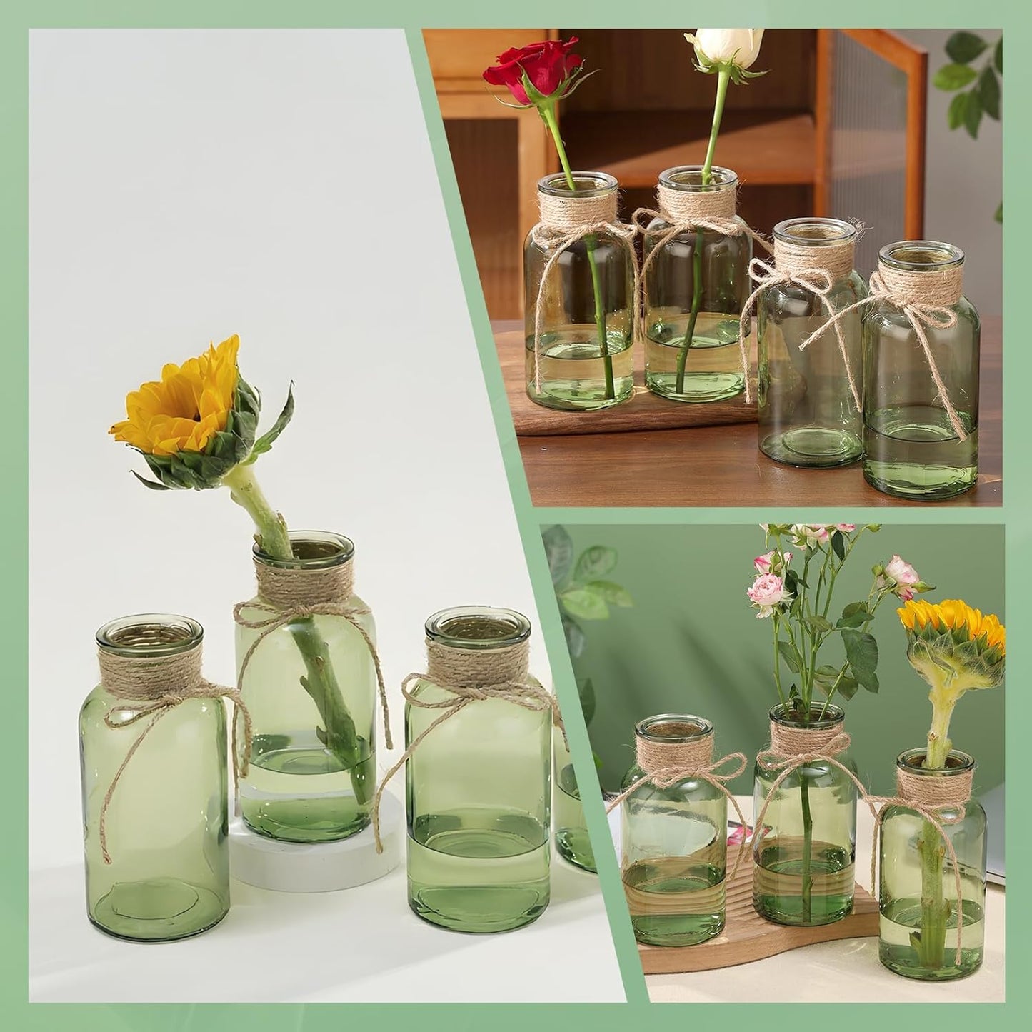 Green Glass Flower Vases for Centerpieces Set of 6, Mason Jars Boho Cylinder Bud Vases in Bulk, for Weddings Parties Vintage Home Decor