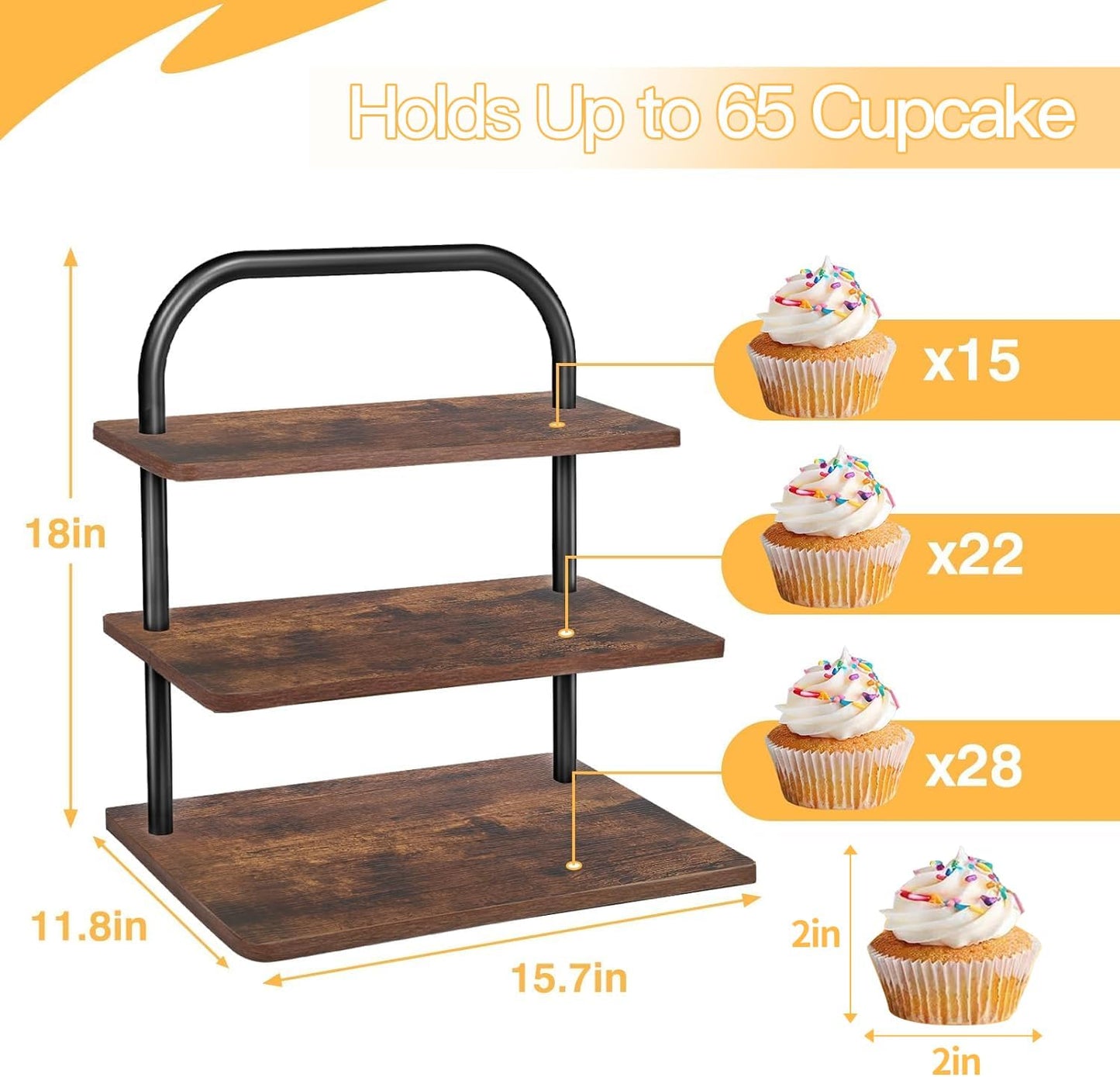 Cupcake Stand, 3 Tier Large Cupcake Stand for 50 Cupcakes Rustic Cupcake Display Stand Square Wood Dessert Table Display Set Cupcake Tower Tiered Tray Stand for Wedding Birthday Graduation