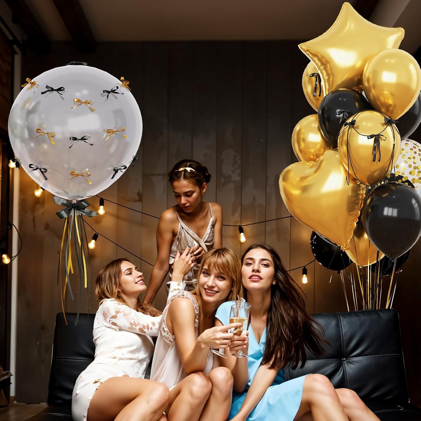 Black and Gold Balloons Heart Star Shape Foil Balloons for Birthday Party, Metallic Gold and Black Party Decoration 18 in Clear Confetti Heart Star Mylar Balloon as Graduation 2025 Prom Supplies Decor