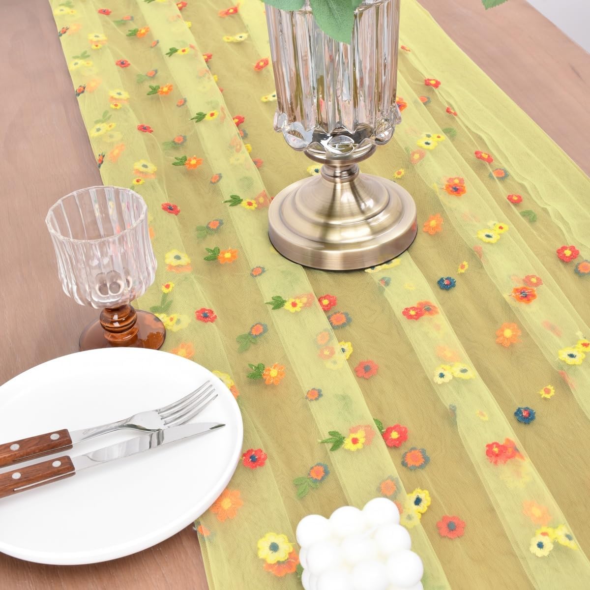 Joanlody Yellow Embroidery Daisy Fall Thanksgiving Table Runner Florals Seasonal Tulle Table Runner Holiday Kitchen Dining Table Decoration Wedding Party
