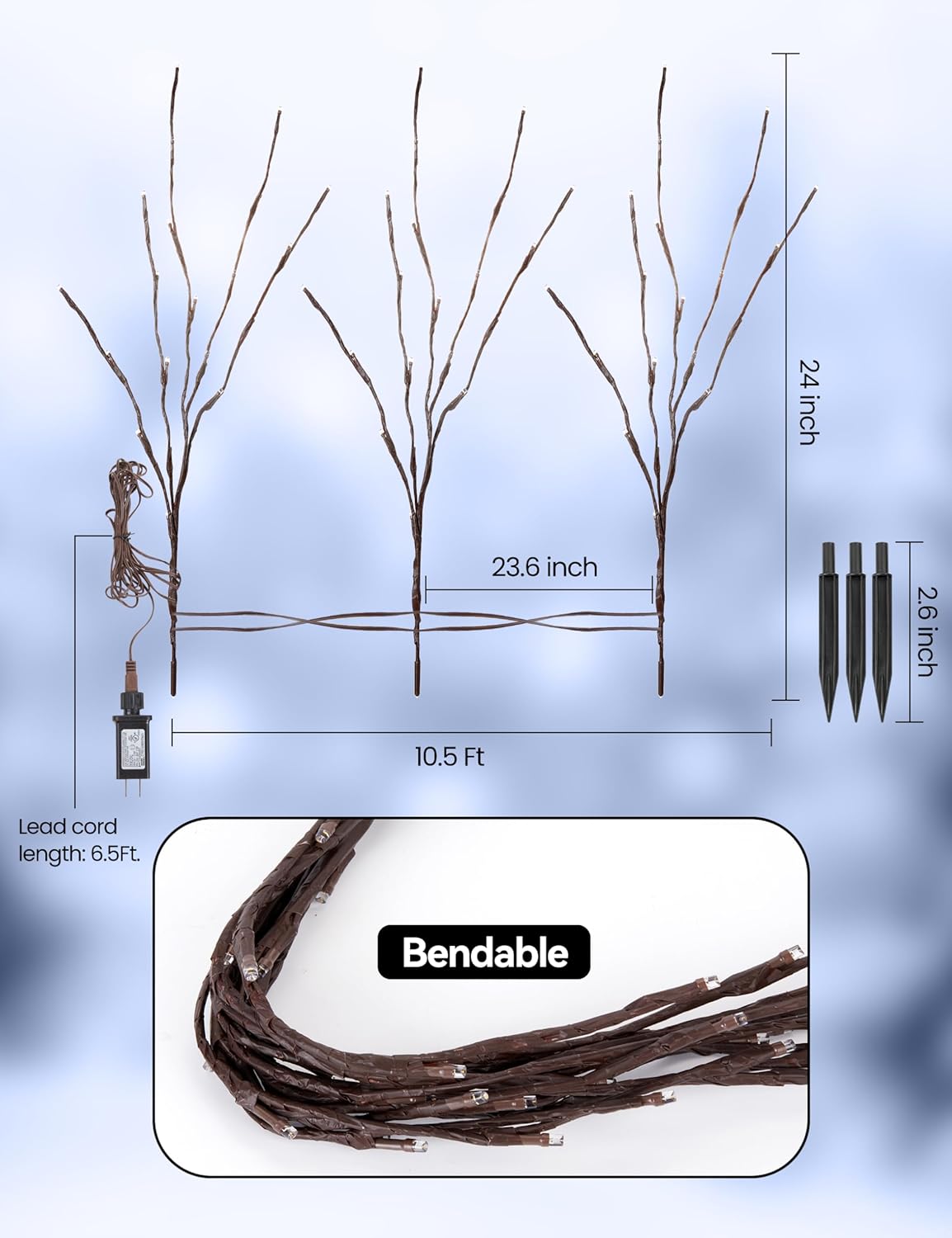 3 Pack Lighted Branches for Vases Plug in - 24Inch 60 LED Christmas DIY Twig Pathway Lights, Artificial Tree Bendable Xmas Fairy Lights with Stakes for Outdoor Indoor Party Decoration, Pure White