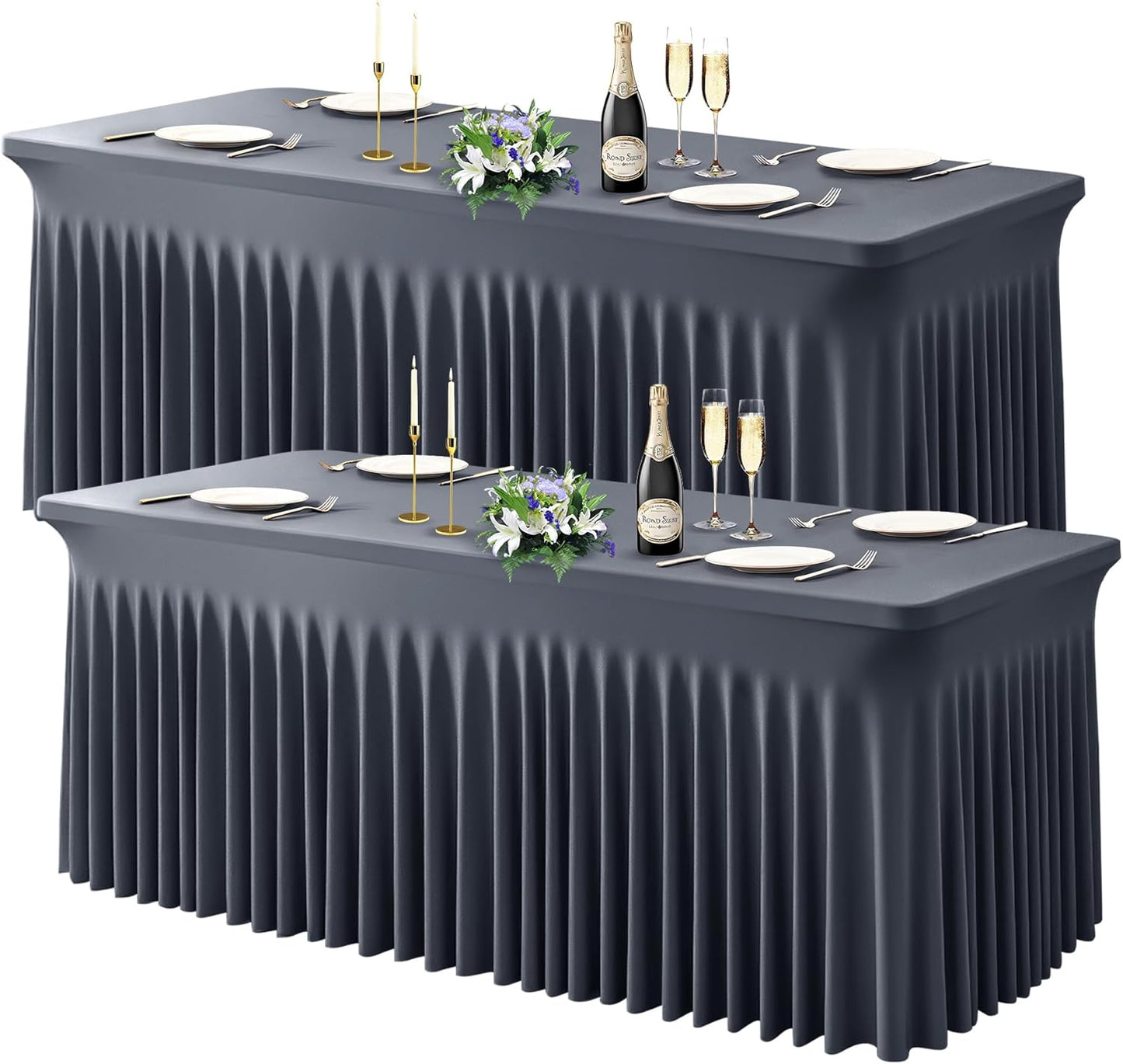 Wish Care 2 Pack Gray Spandex Table Clothes for 4 Foot Rectangle Tables, 4FT Wrinkle Free Fitted Tablecloths Ruffles Design Table Cover for Party, Banquet, Wedding and Events