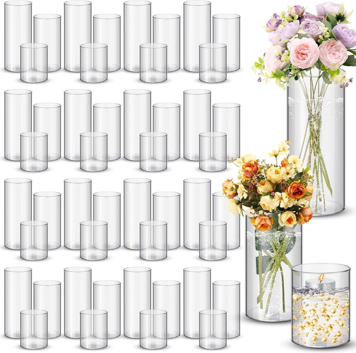 Nuogo 48 Pcs Plastic Cylinder Vases Tall Clear Flower Vases for Centerpieces Hurricane Candle Holder for Home Wedding Office Party Formal Dinners Decorations (4''/6''/8'')