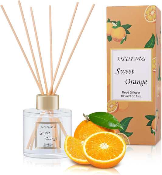 100ml Scent Diffuser with 6 Fiber Sticks, 3.5 oz Reed Diffuser Set Aromatherapy Fragrance Diffusers Air Fresheners for Home Bedroom Bathroom (Orange)