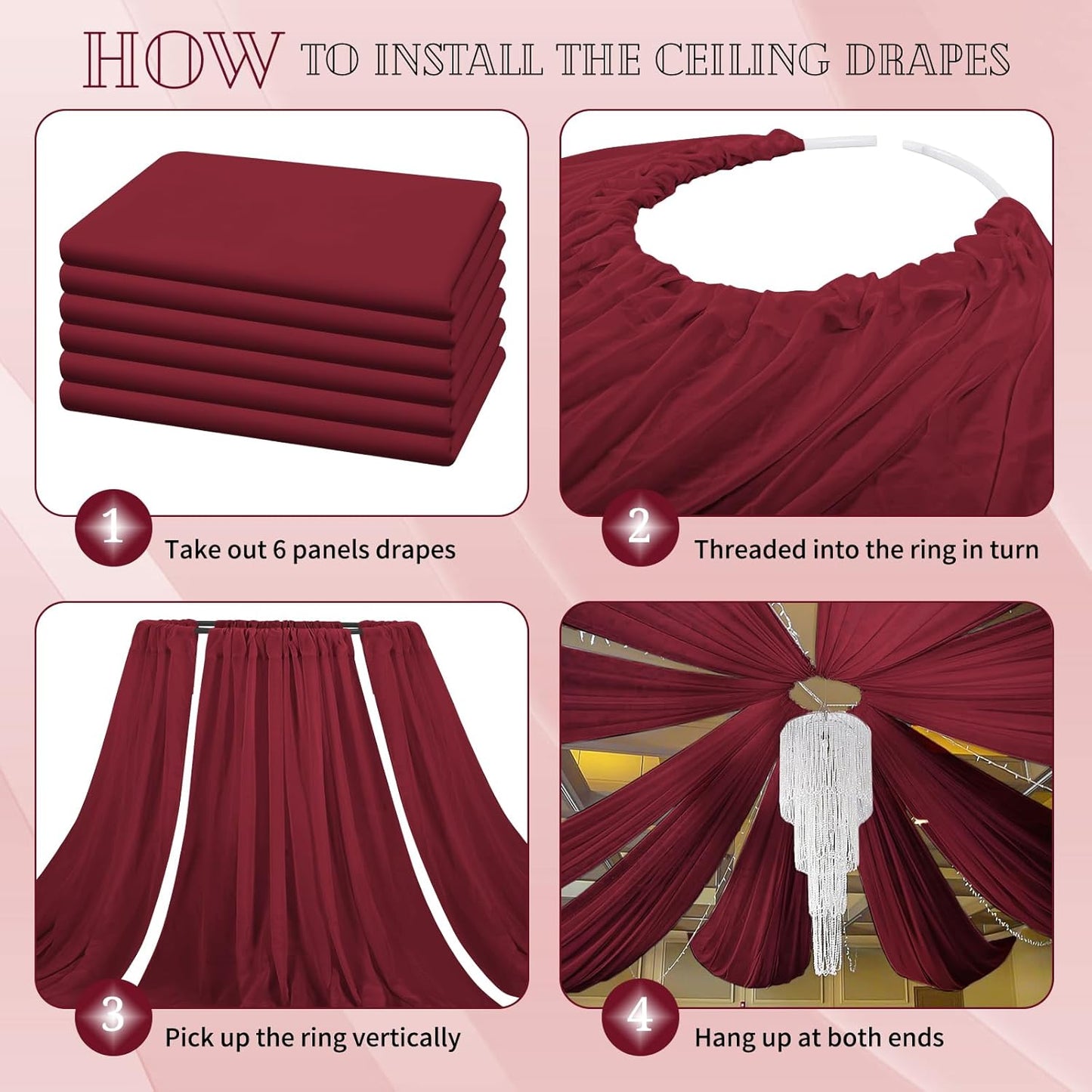 6 Panels Burgundy Ceiling Drapes for Wedding 5ftx10ft Chiffon Fabric Arch Draping Curtains Sheer Drapery for Party Ceremony Birthday Baby Shower Reception Stage Swag Ceiling Decorations